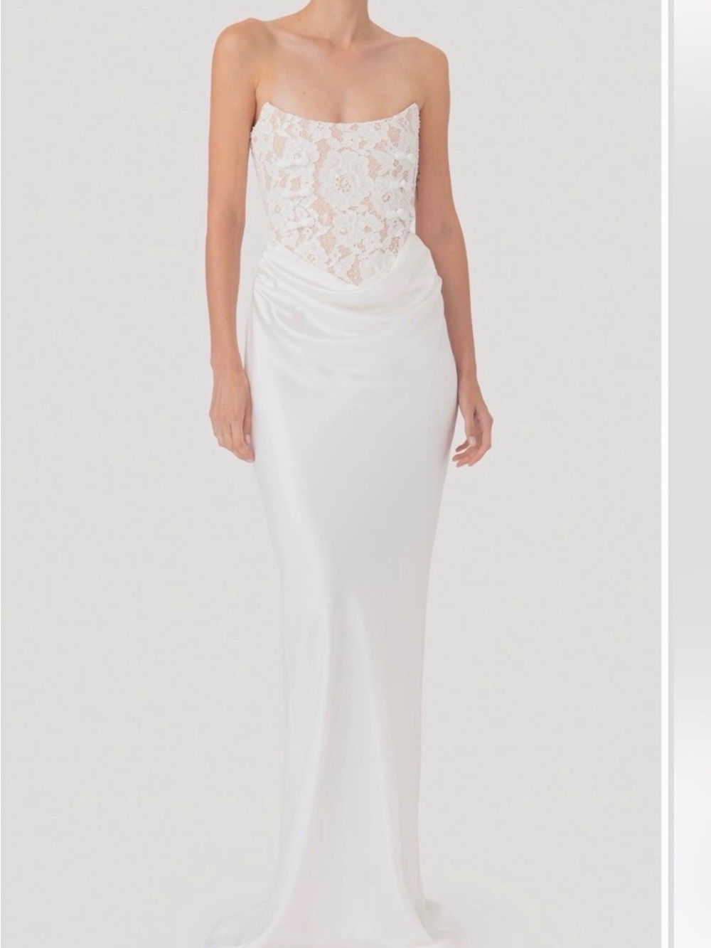 Strapless White Lace Bodice Satin Column Dress
